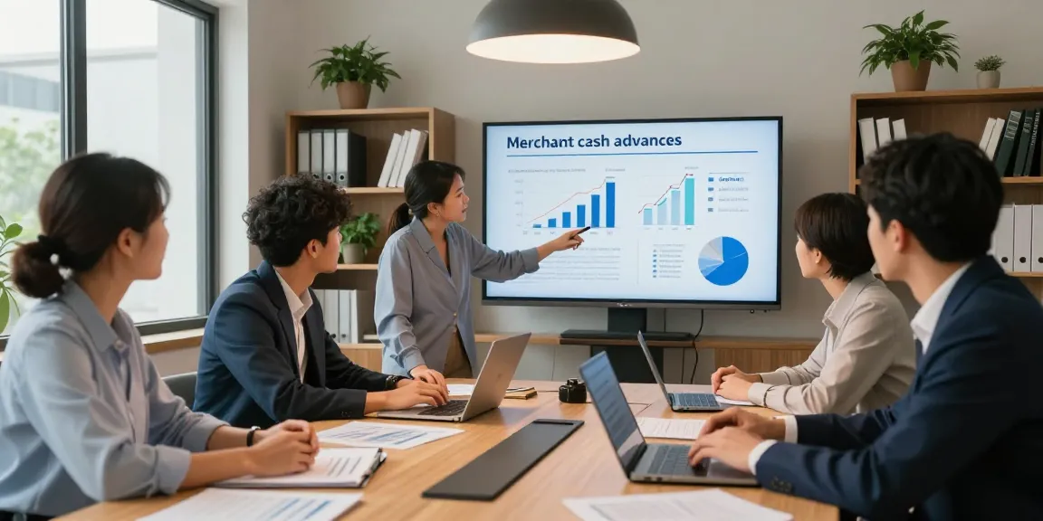 Collaborative team discussing how to get a merchant cash advance in a modern office.