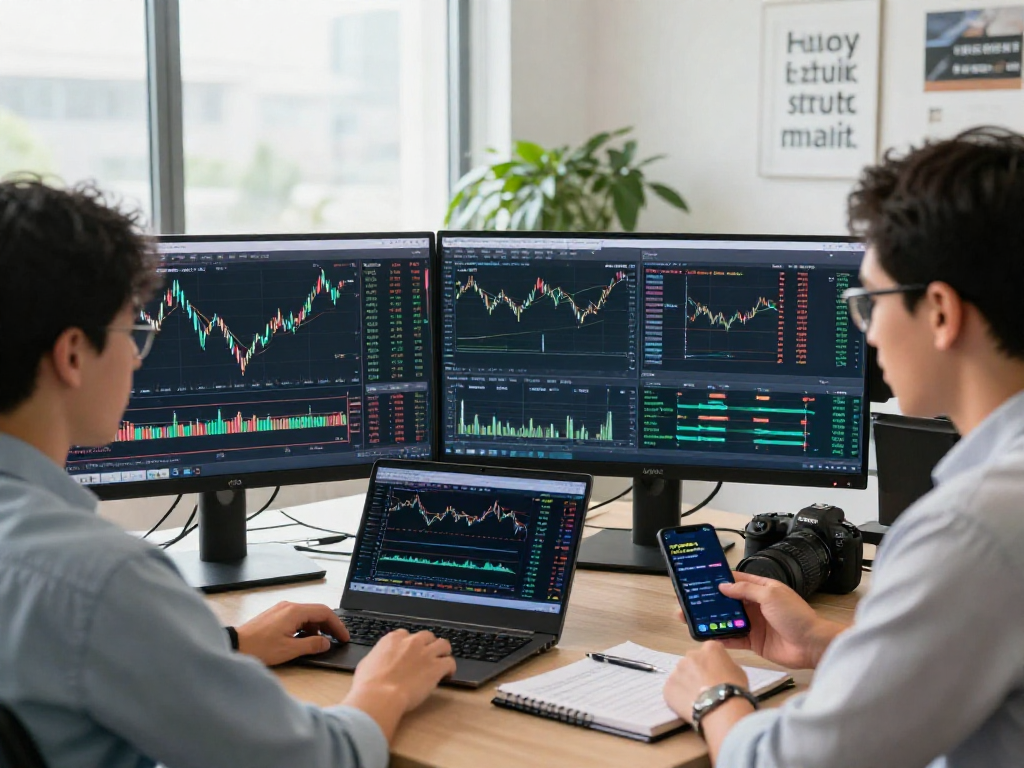 Trader using metatrader 5 on dual monitors with charts and alerts in a modern office setting