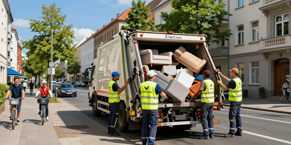 Sperrmüllabholung 80 Euro Berlin team loading bulky waste into truck in a vibrant urban setting.