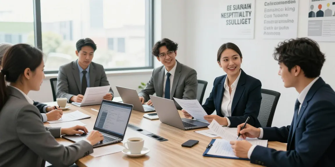 Hospitality recruitment experts engaged in a collaborative interview process in a modern office setting