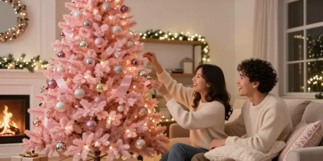 Decorated pink Christmas tree with pink decor in cozy living room.