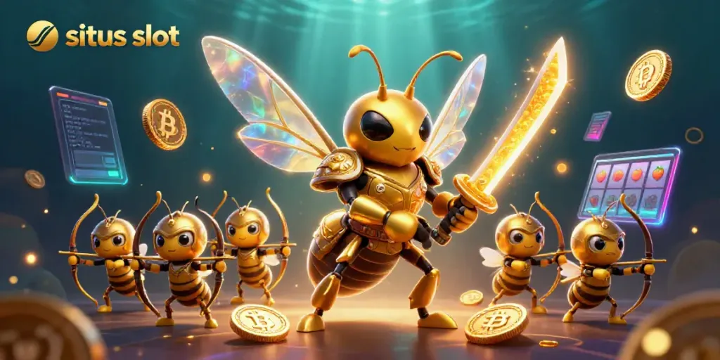 Dynamic illustration showcasing a giant golden hornet samurai in a vibrant situs slot themed environment.