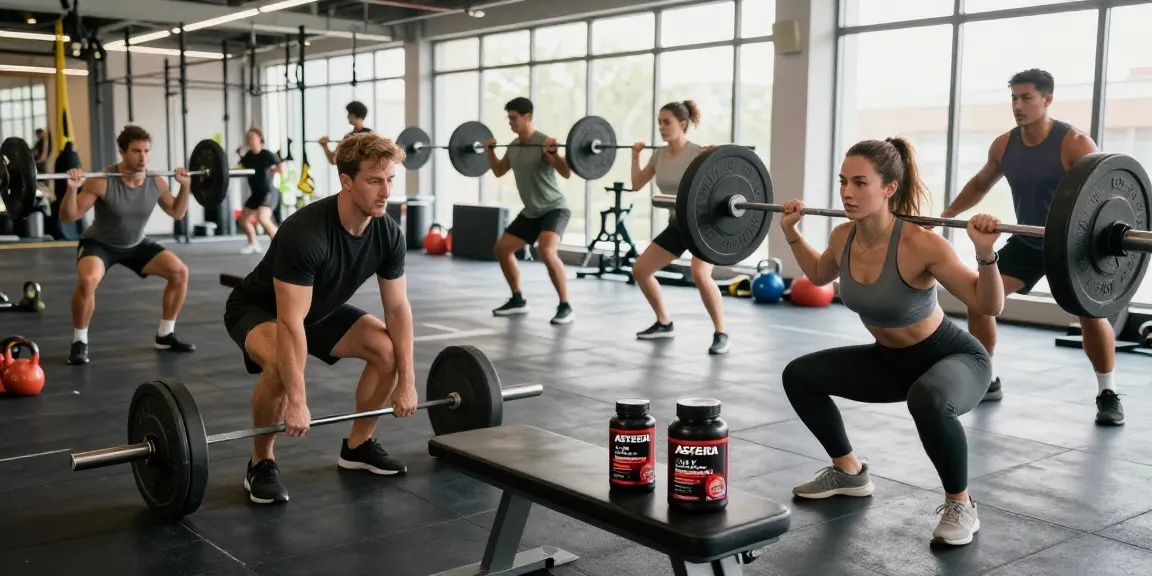 Astera Steroids Shop showcases athletes using top products in a dynamic gym setting.