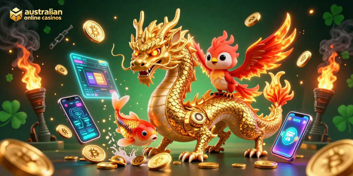 Experience thrilling gameplay at australian online casinos with a dragon, phoenix, and koi fish in a vibrant scene.