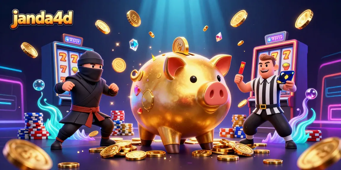 Judul promosi janda4d dengan karakter unik yang beraksi di kasino digital, memancarkan koin emas.