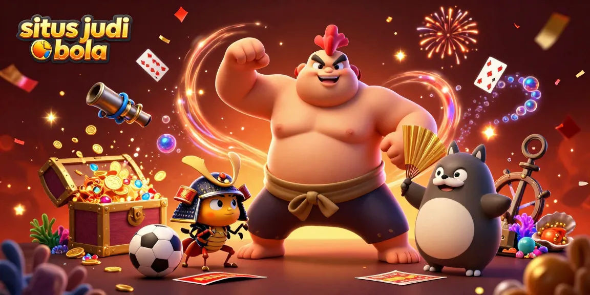 Situs judi bola illustration showcasing dynamic sports betting action with colorful casino elements