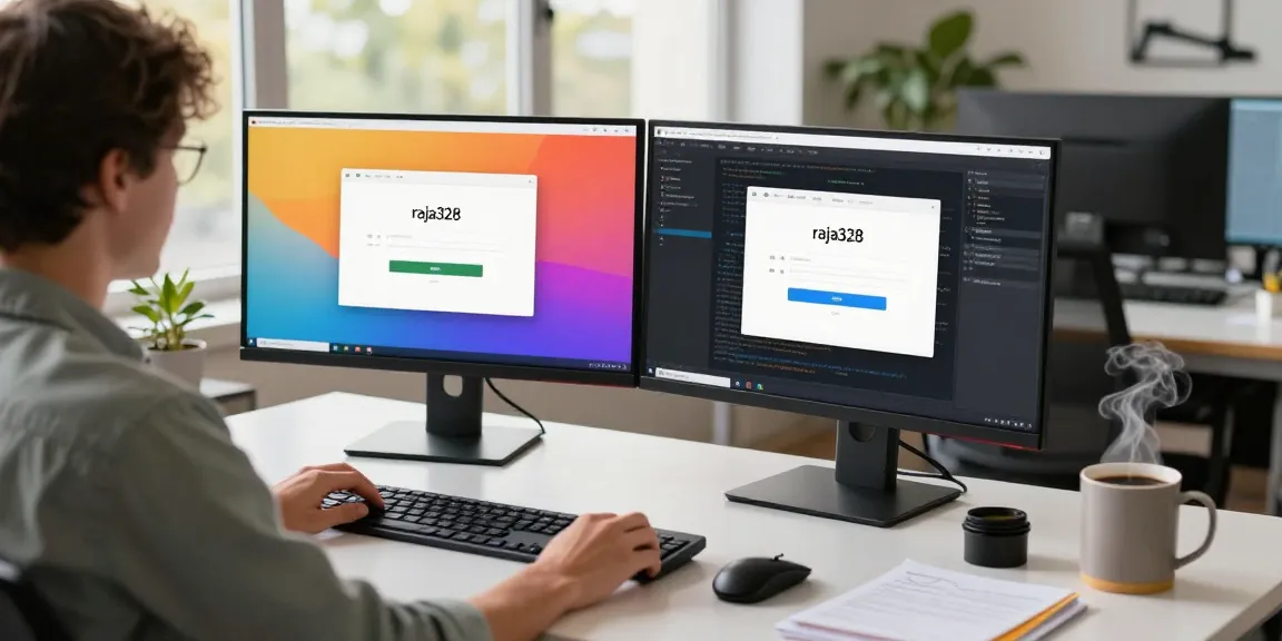 Engaging raja328 login experience shown on dual monitors in a modern workspace.