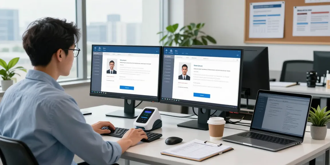 Age verification system setup showcasing a professional office scene with technology integration.