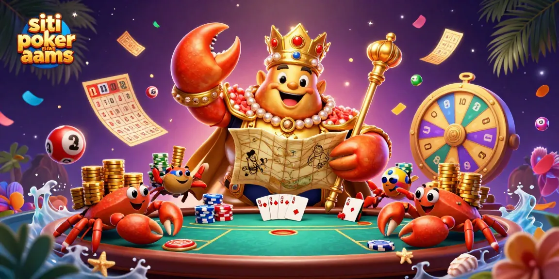 Siti poker non AAMS, scena dinamica con granchio imperatore d'oro e mazzi di chip su tavoli da poker