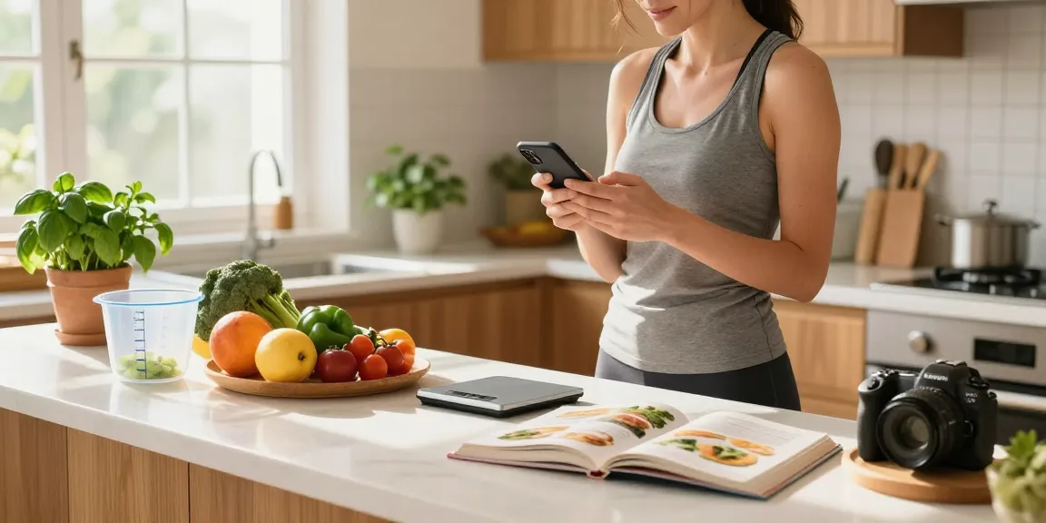 Best calorie tracker in action with user logging healthy meals in a bright kitchen.