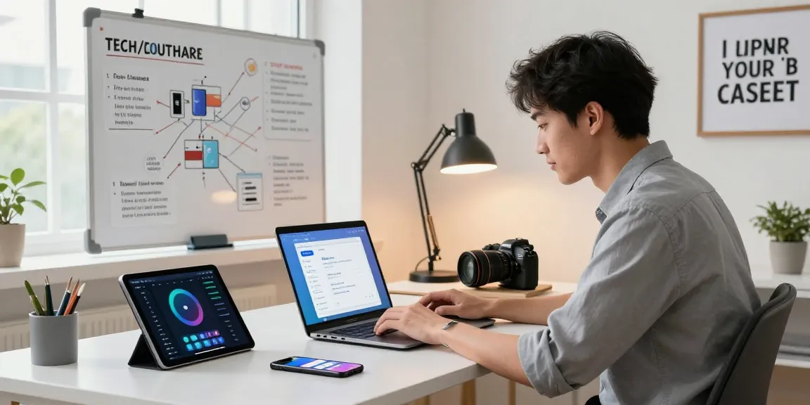 爱思助手管理iOS设备的现代办公环境，年轻专业人士专注于使用科技工具。