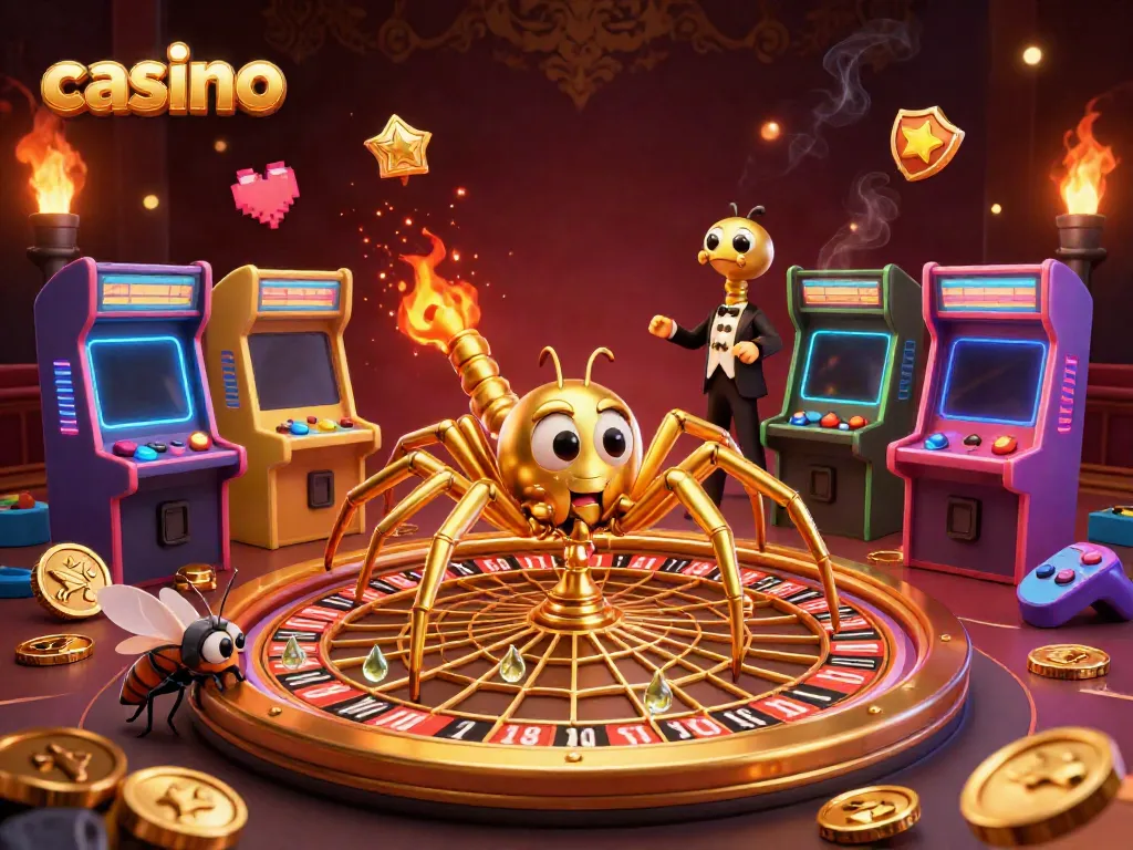 Experience excitement at the casino with a cartoon spider and croupier in a vibrant gaming scene.