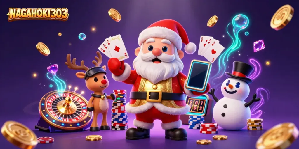 NAGAHOKI303 mempersembahkan Santa Claus kartun yang ramah di kasino dengan koin emas dan permainan slot.