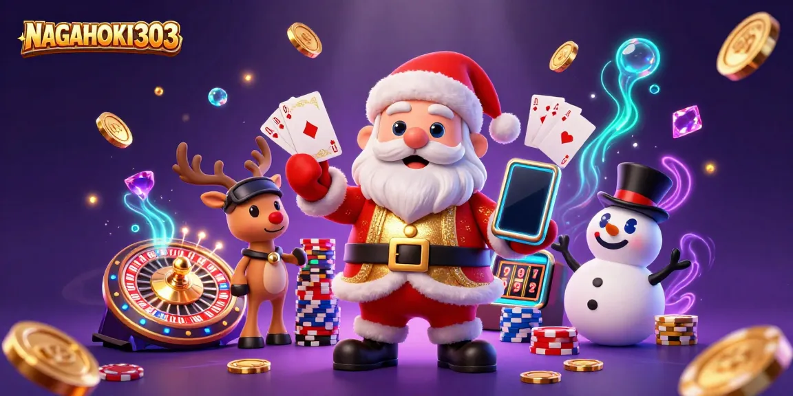 NAGAHOKI303 mempersembahkan Santa Claus kartun yang ramah di kasino dengan koin emas dan permainan slot.