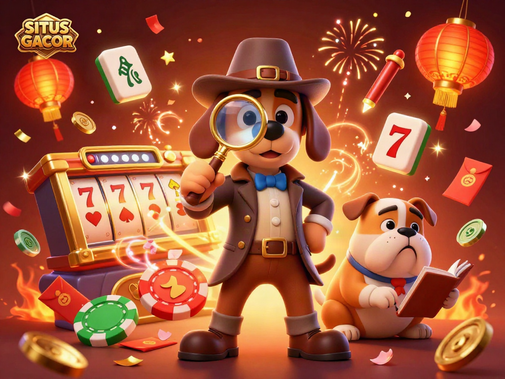 SITUS GACOR scene showcasing a detective examining poker chips with vibrant casino elements.