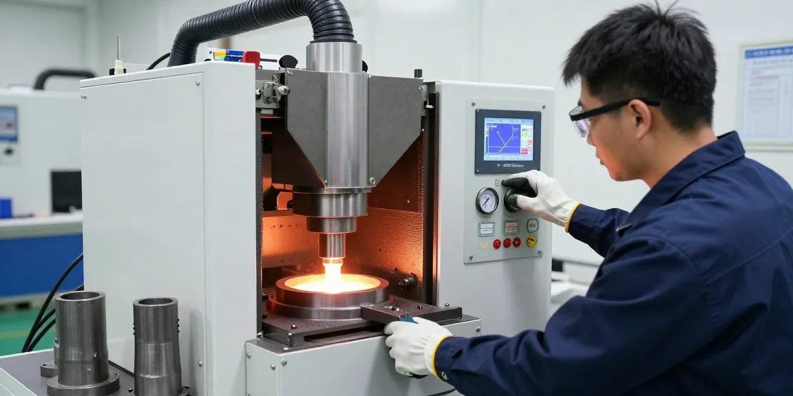 Induction furnace operation showcasing precision metal melting in a safe industrial environment.
