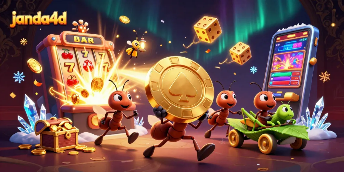 Ant tim 3D dalam aksi mencuri chip poker besar di janda4d, dikelilingi oleh mesin slot dan emas.