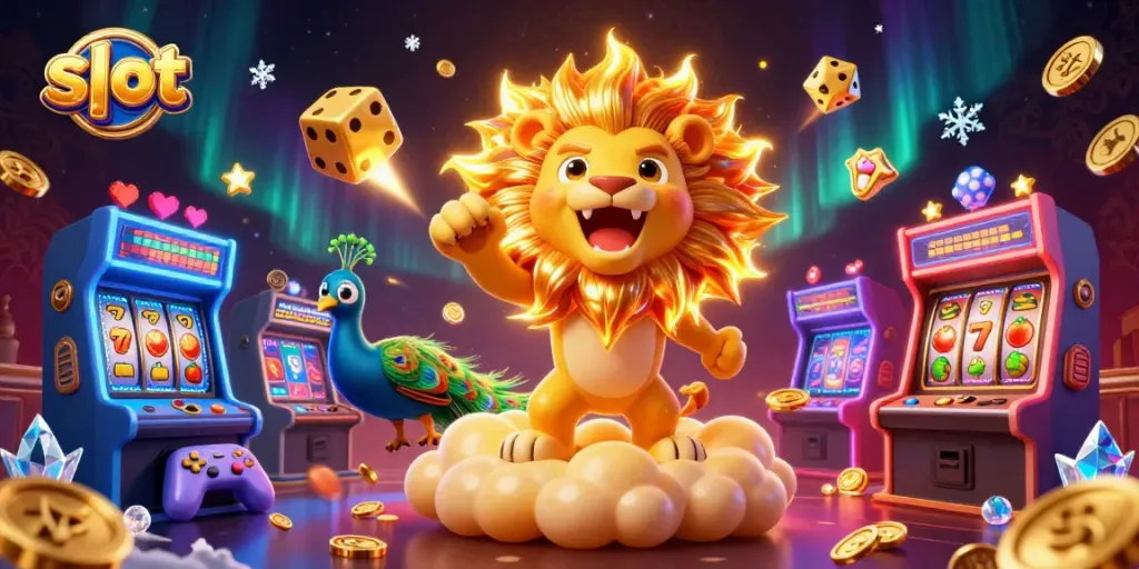 Permainan slot menarik dengan tampilan singa matahari dan simbol buah bersinar di ruang angkasa
