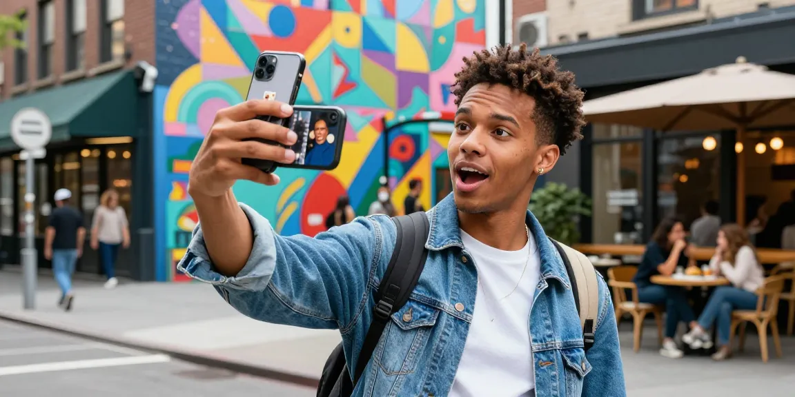 Excited young adult discovering celebs I look like while taking a selfie in a vibrant urban setting