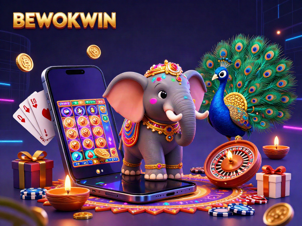 BEWOKWIN menghadirkan pengalaman bermain slot yang menarik dengan gajah dan burung merak yang berwarna-warni.