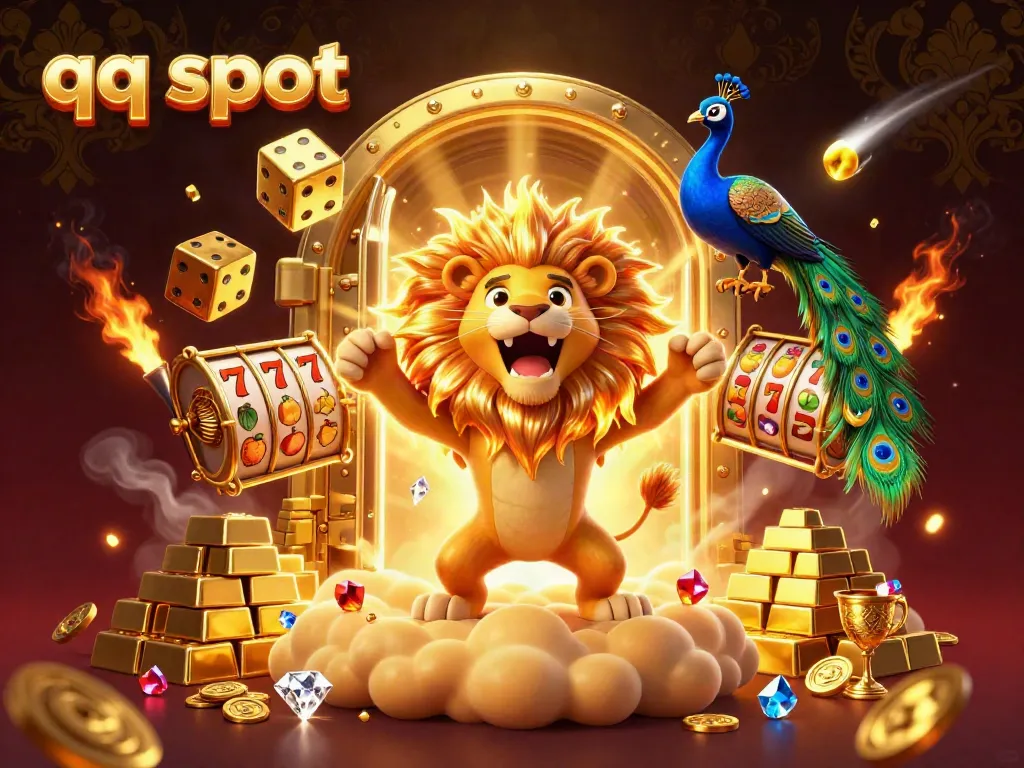 Engage with qq slot adventure featuring a roaring lion and dazzling treasures in a vivid casino scene.