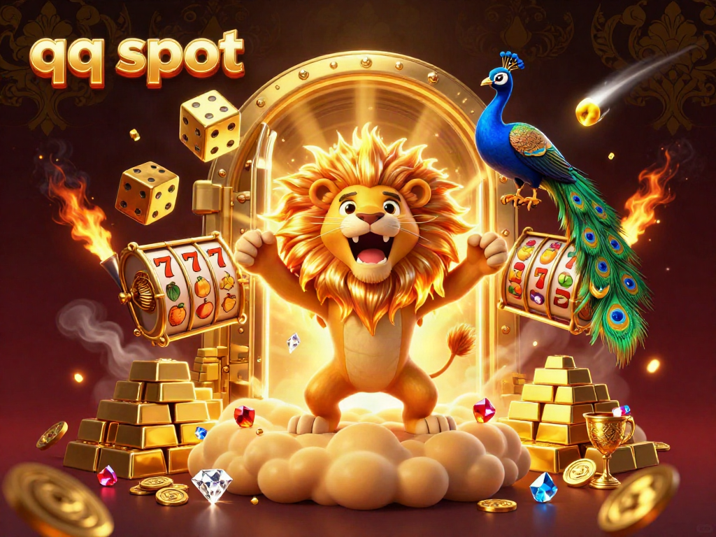 Engage with qq slot adventure featuring a roaring lion and dazzling treasures in a vivid casino scene.