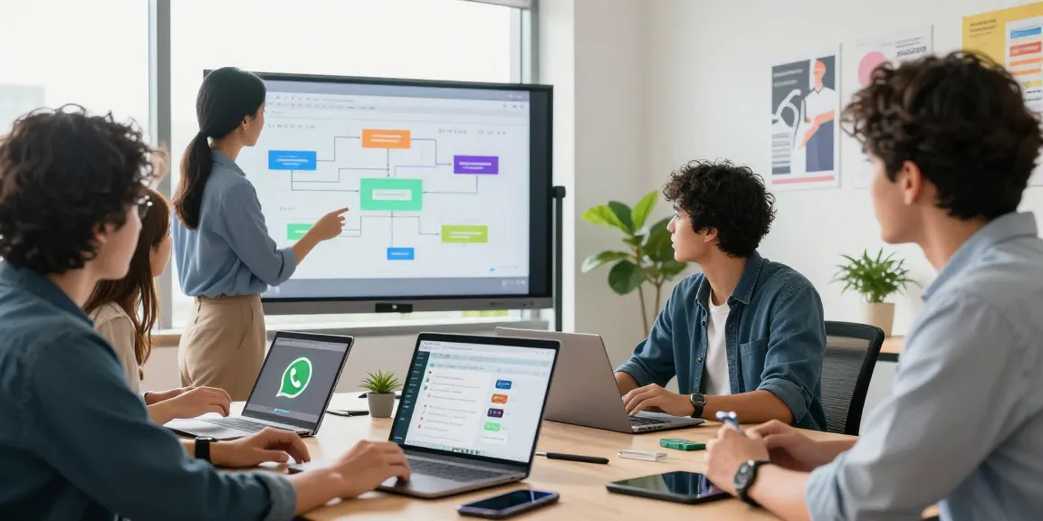 Team collaborating in a modern office using WhatsApp網頁版 for seamless communication.