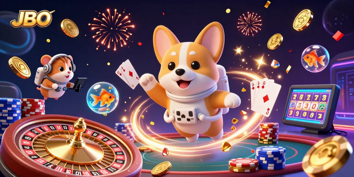 Experience JBO's vibrant gaming universe with an astronaut corgi and casino action.