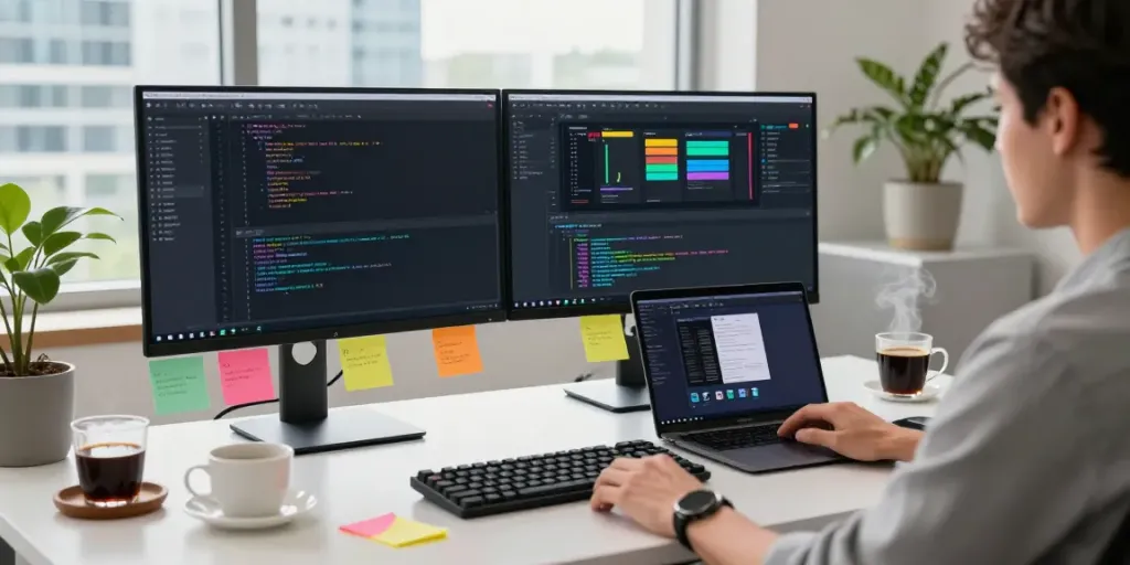 Developer working on h5.2113.net at a modern workspace with dual monitors, showcasing productive app development.