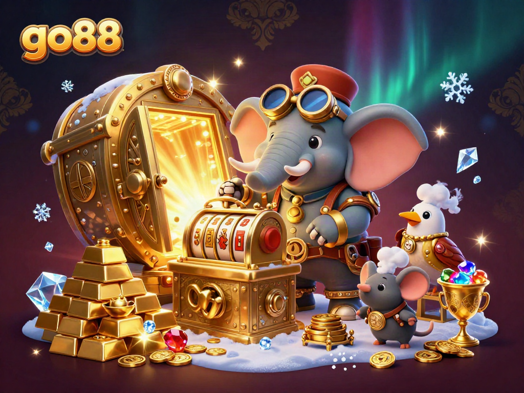 Engage with go88's vibrant casino world featuring a steampunk elephant at a golden slot machine.
