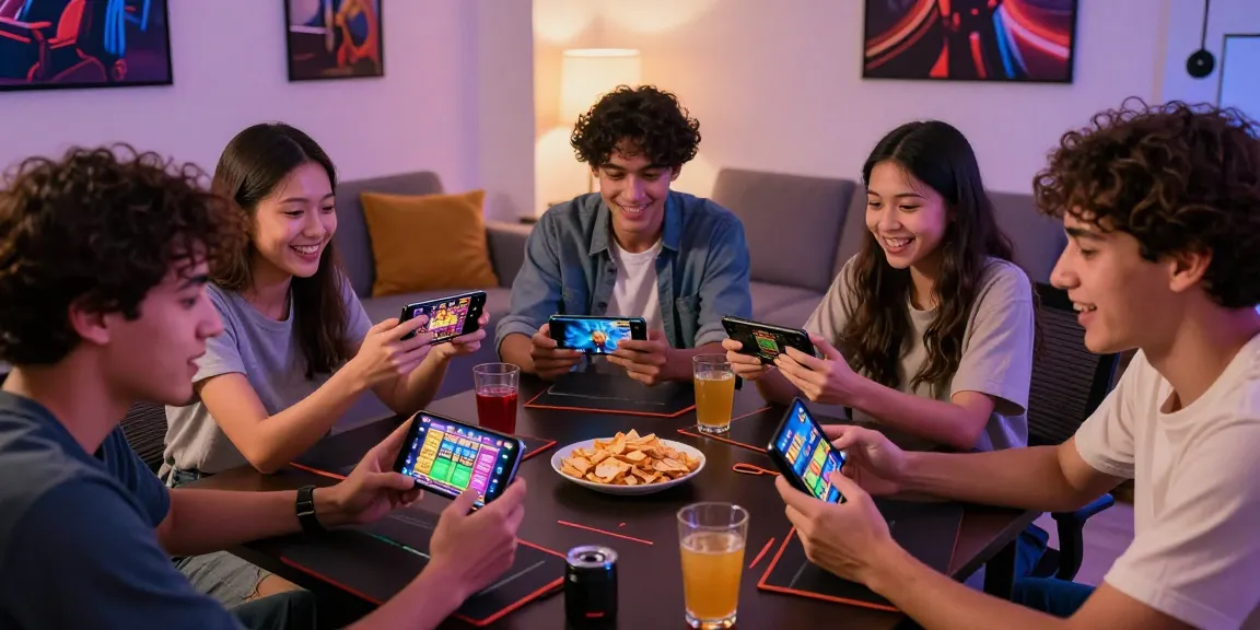 Friends enjoying deposit pulsa tanpa potongan online slot gaming session, vibrant atmosphere.