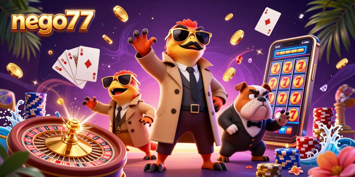 Experience winning excitement with nego77 as cartoon raptors try to enter a VIP casino lounge, surrounded by flying coins and gems.