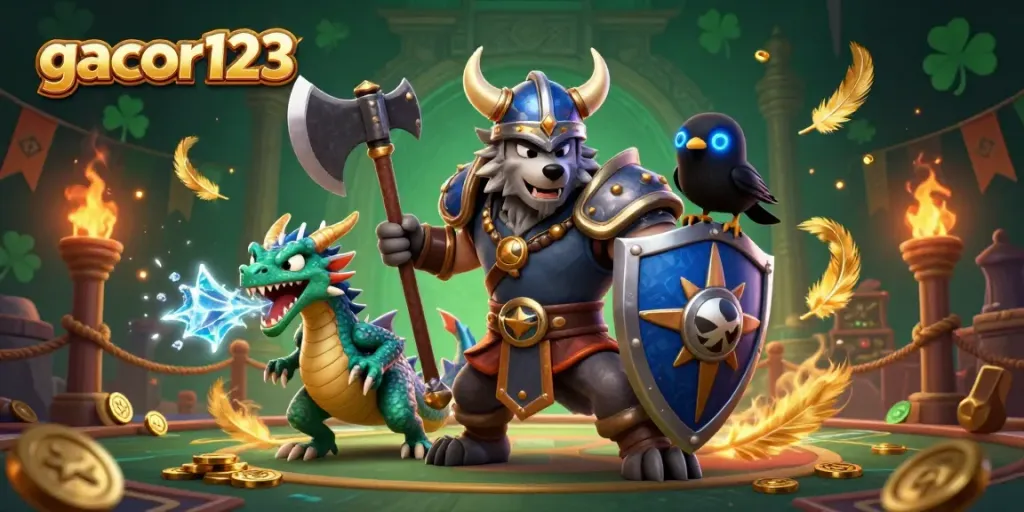 Join the fierce Viking warrior in an exciting gacor123 casino adventure featuring gold coins and a fierce dragon.