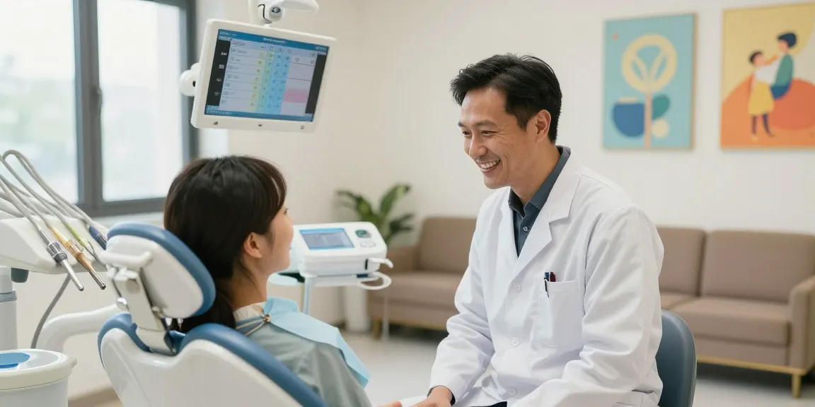 Friendly dentist interacting with a patient, discover more here for easy dental appointments.