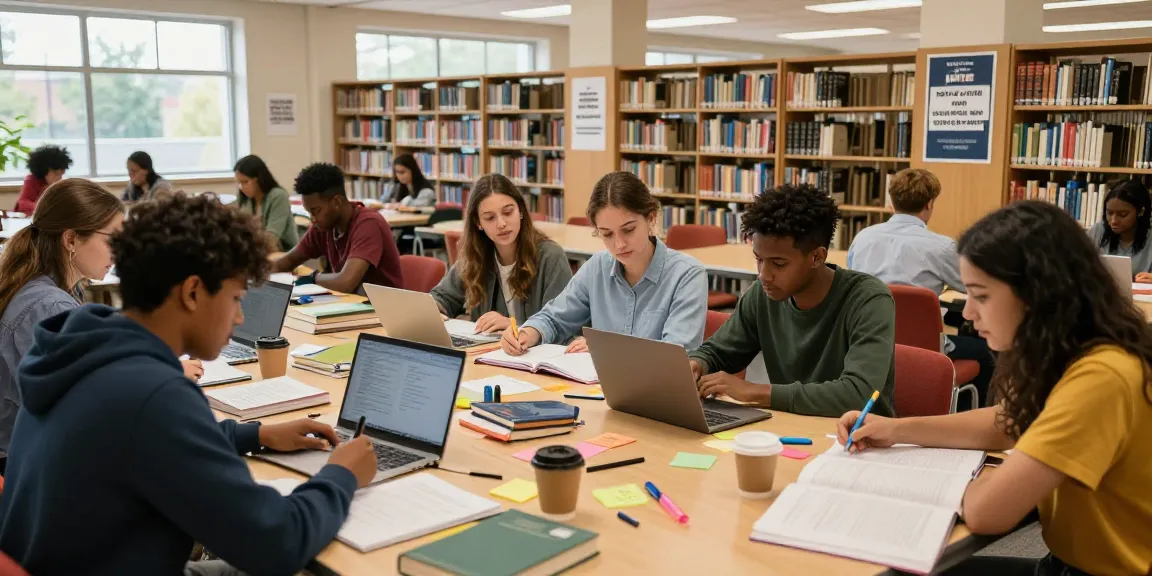 Students preparing for the 2026 ijmb expo in a vibrant library setting, engaged in collaborative study.