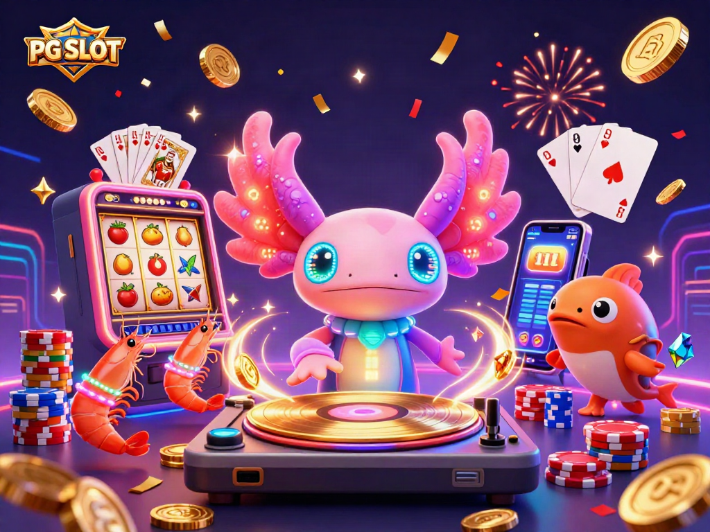 Experience exciting PG SLOT action with a vibrant axolotl DJ and dynamic dancing sea creatures amidst cascading coins and slot machines.