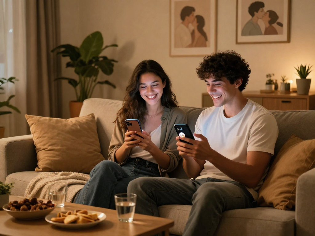 Couple enjoying free AI sex chat on smartphones in cozy living room.