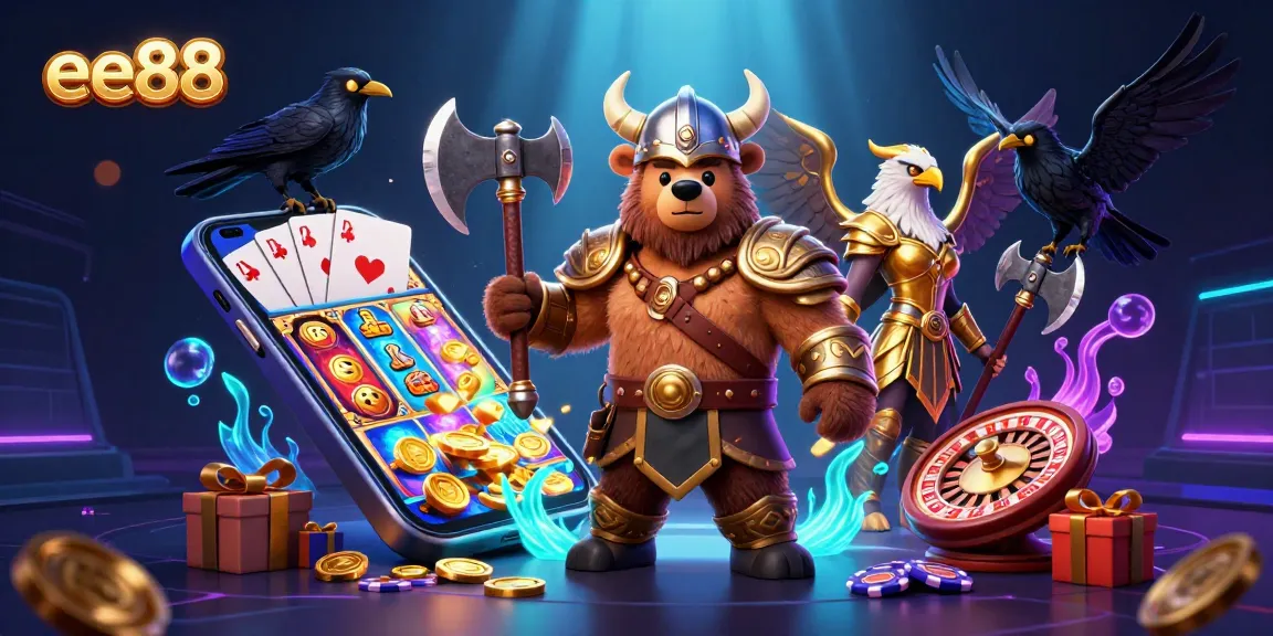 Experience the excitement of ee88 with a Viking, Valkyrie, and gaming elements in a dynamic casino scene.