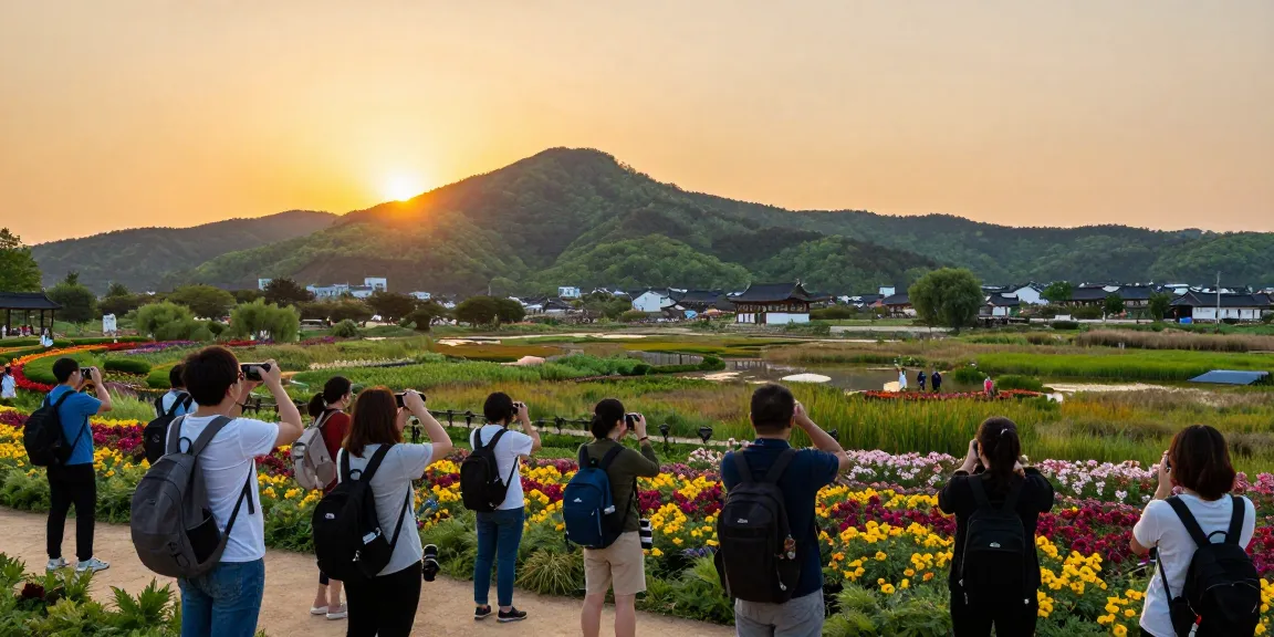 해돋이를 배경으로 한 순천의 아름다운 풍경에서 여행자들이 관광을 즐기는 모습. https://www.danbamop.com/suncheon-op