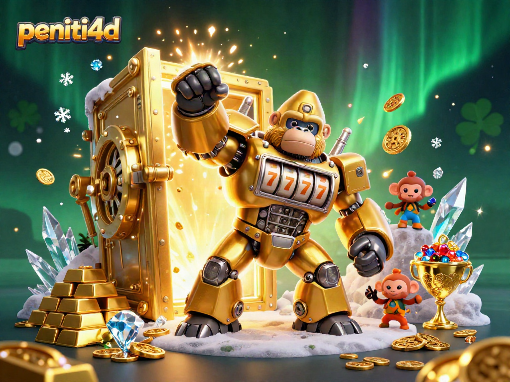 Permainan slot tinggi dengan peniti4d, gorila emas dan harta karun yang berkilau.
