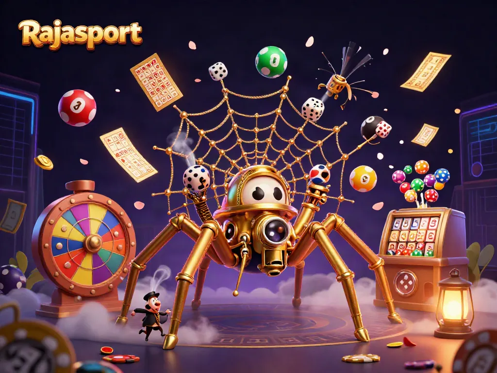 Rajasport menghadirkan ilustrasi kasino modern dengan laba-laba steampunk dan dadu keberuntungan dalam suasana penuh warna.