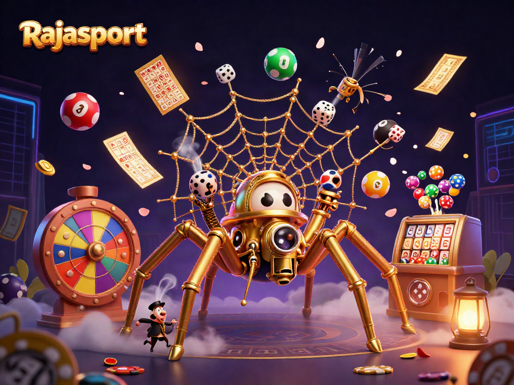 Rajasport menghadirkan ilustrasi kasino modern dengan laba-laba steampunk dan dadu keberuntungan dalam suasana penuh warna.