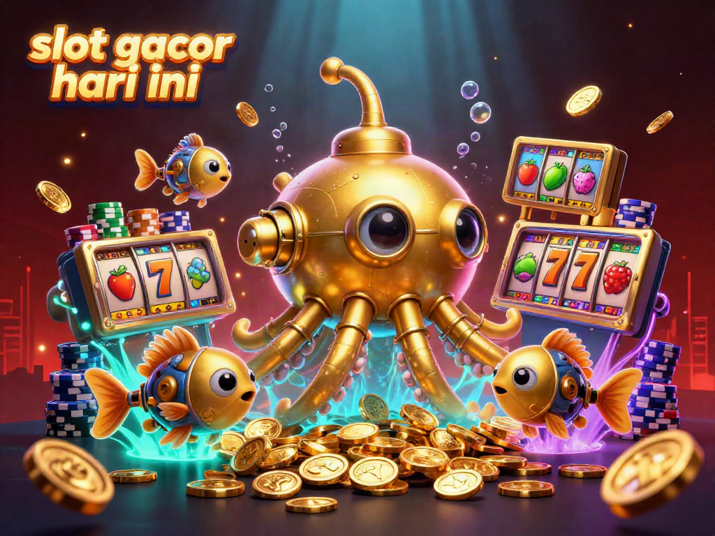 Ilustrasi slot gacor hari ini dengan kraken emas dan koin berkilauan, memikat penjudi.