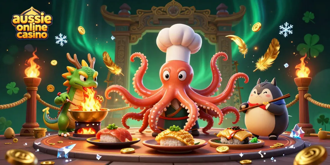 Aussie online casino scene with chef octopus cooking, dragon companion, and tanuki amidst rich casino elements