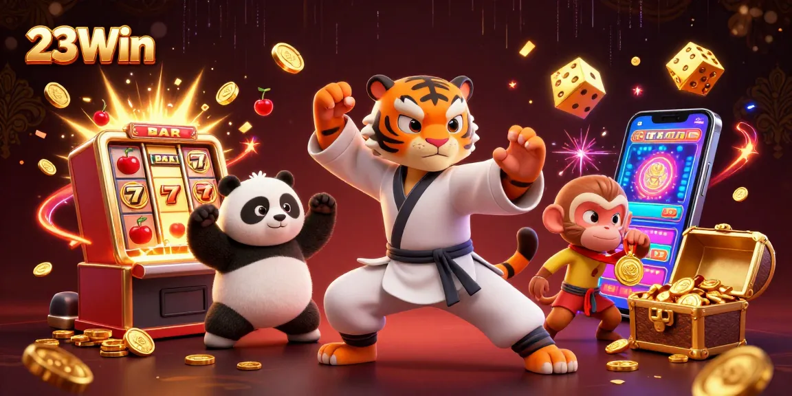 Experience the thrill of 23Win as a kung fu tiger leads a vibrant casino scene with jackpots and treasures.
