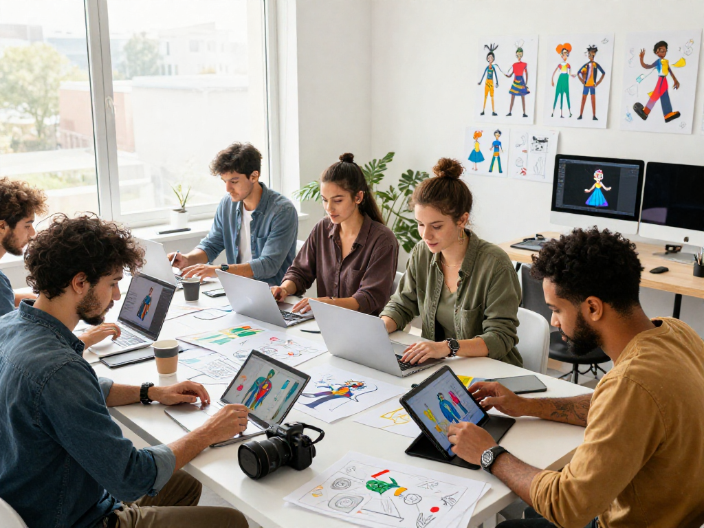 Creative workspace with diverse artists collaborating on digital designs, showcasing ai sluts in character creation.