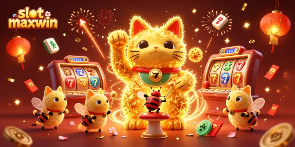 Engage with slot maxwin winning strategies in a festive casino-inspired scene of lucky symbols.