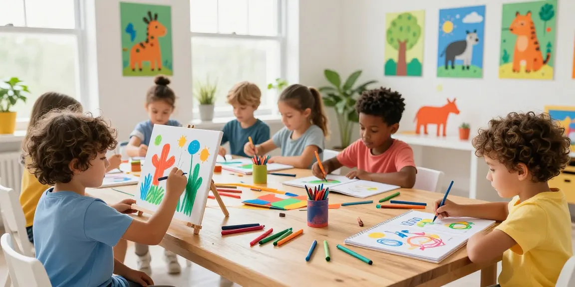 Children happily creating art with vibrant pages for kids in a sunny room.