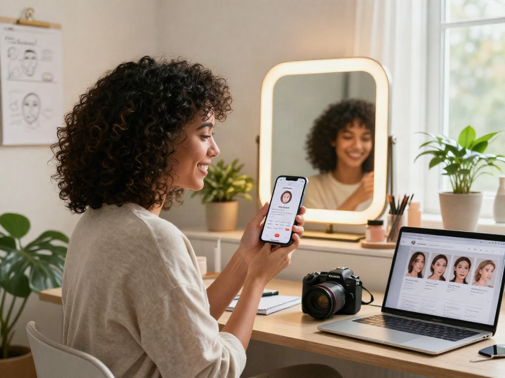 Woman smiling while taking an attractiveness test on her smartphone in a cozy room.