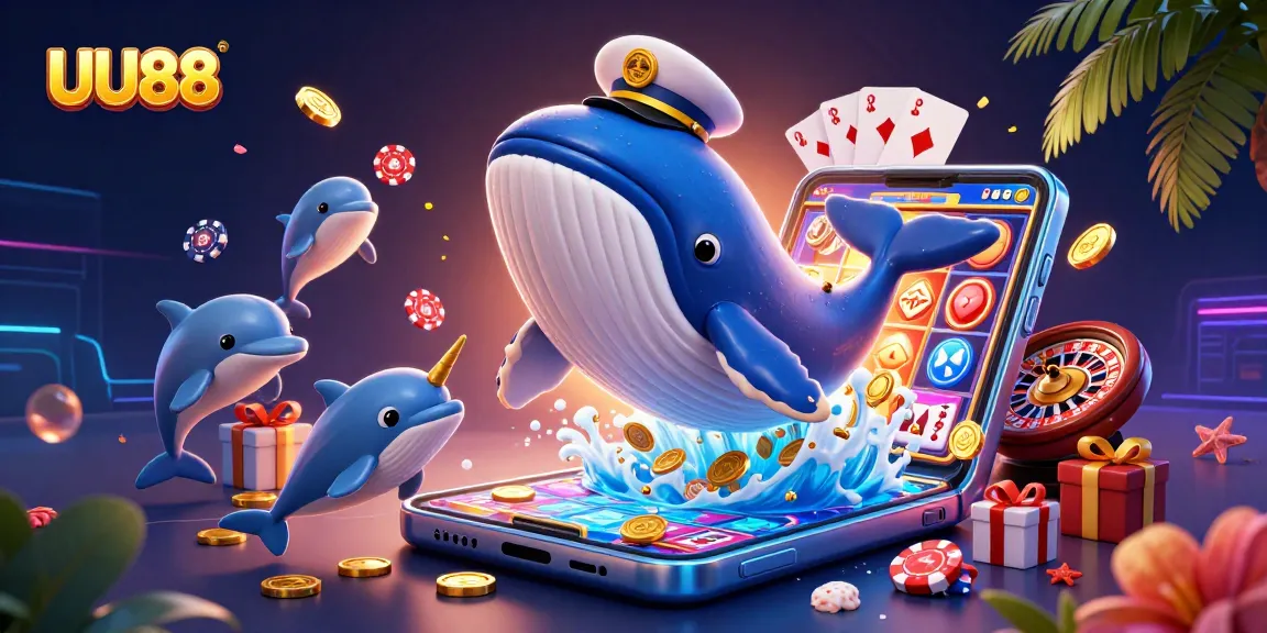 UU88 showcases a thrilling scene with a whale captain and dolphins playing with poker chips in a vibrant casino setting.